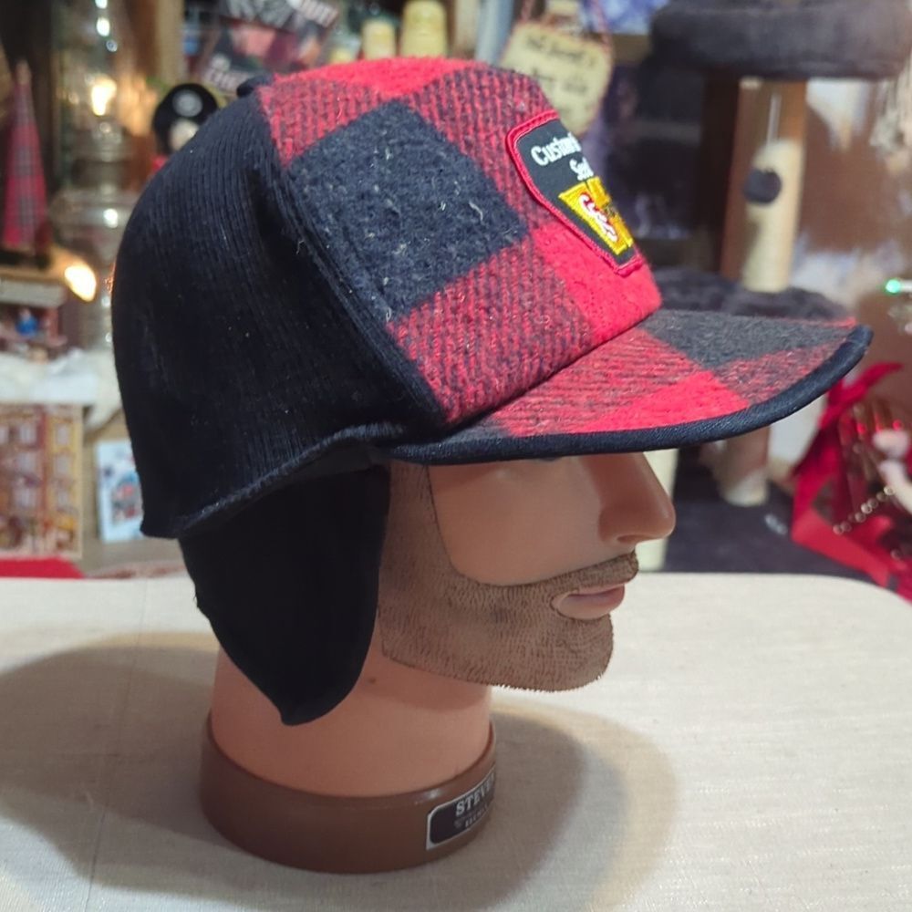 vintage red and black buffalo plaid wool lumberjack farm hat with ear flaps‎ - Picture 2 of 7